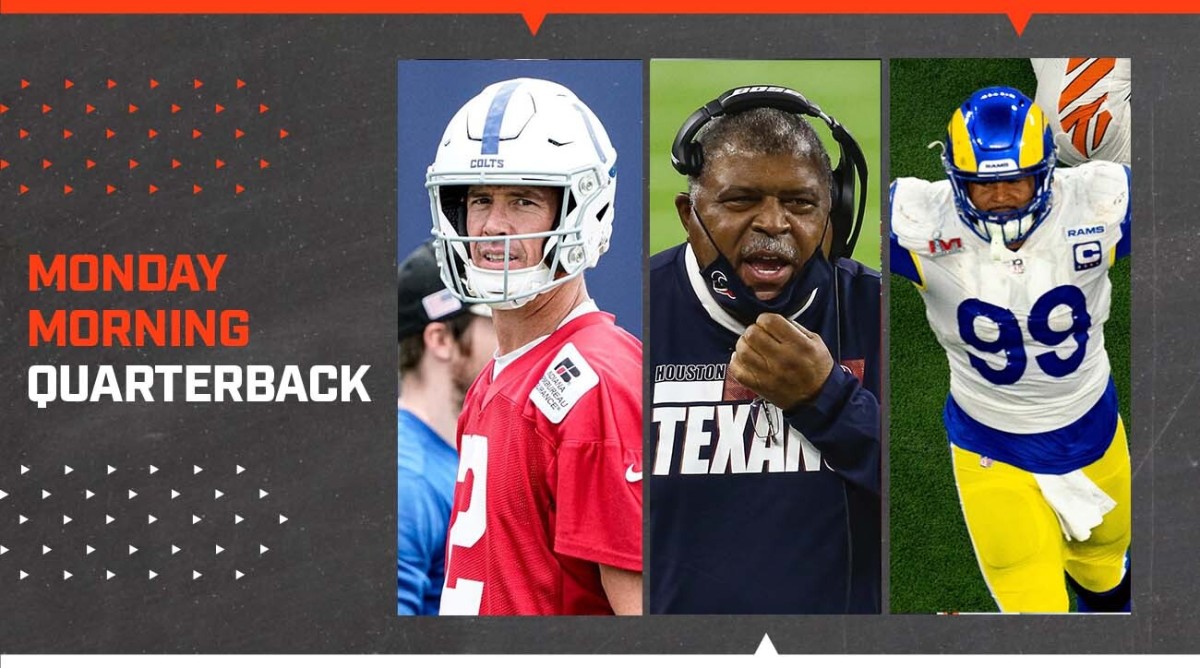 Graphic with Matt Ryan, Romeo Crennel and Aaron Donald in separate pictures.